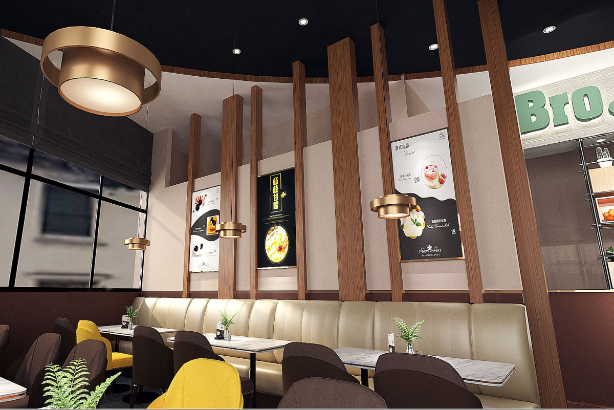 美國(guó)開(kāi)心點(diǎn)餐廳：木紋不銹鋼天花裝飾