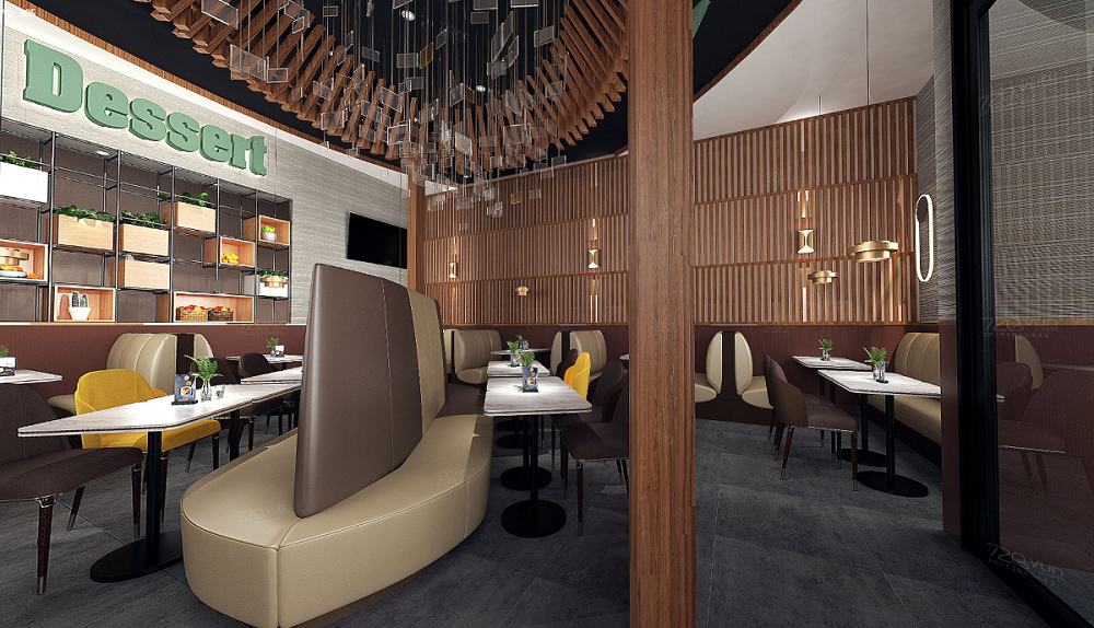 美國(guó)開(kāi)心點(diǎn)餐廳：木紋不銹鋼天花裝飾